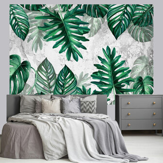 Botanisch behang Monstera bladeren Beton