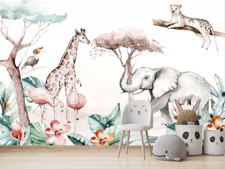 Kinderkamer Aquarel behang Jungledieren VINYL