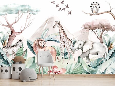 Kinderkamer Aquarel behang Jungledieren VINYL fotobehang