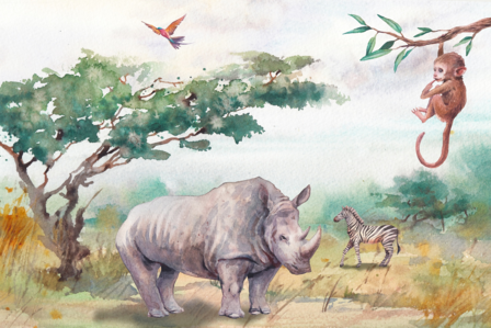 Jungle aquarel behang Neushoorn