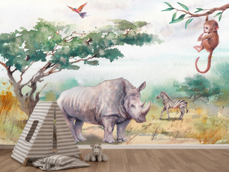 Kinderkamer Jungle aquarel behang Neushoorn