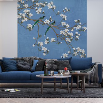 Magnolia vlies behang Blauw 