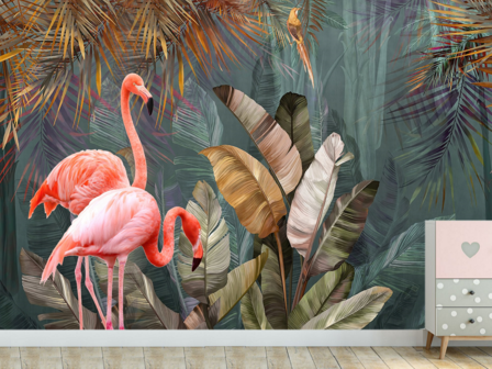 Flamingo Jungle behang Ook op maat mogelijk