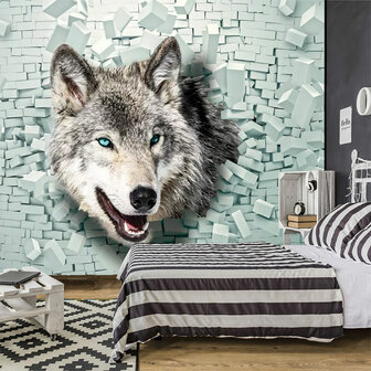 3D fotobehang Wolf door muur