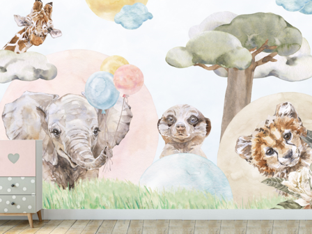 Baby Jungledieren VINYL behang Ballon