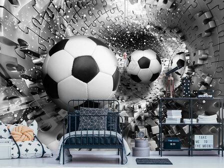 3D Voetbal behang Tunnel Puzzel zwart-wit