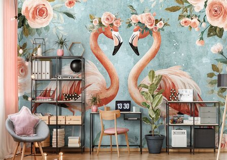 Flamingo behang Bloemen