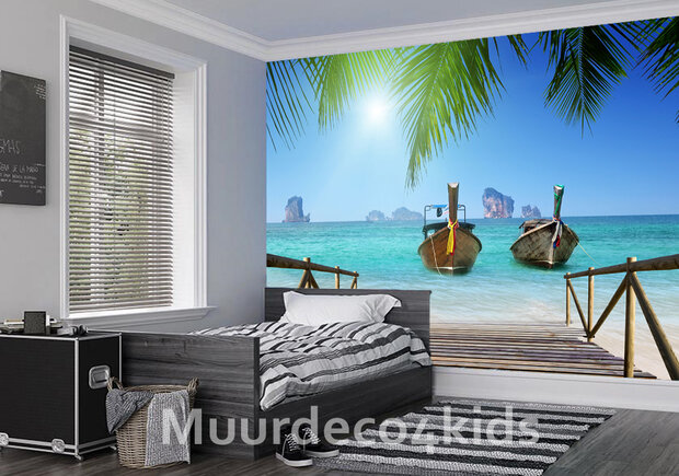 Strand fotobehang Longtail boats vlies behang