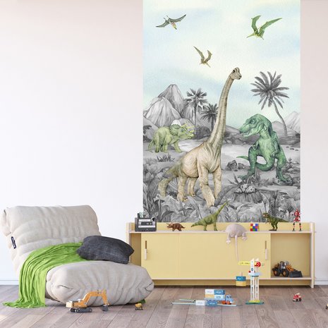 Kinderkamer Dinosaurus behang Dinoland grijs en kleur