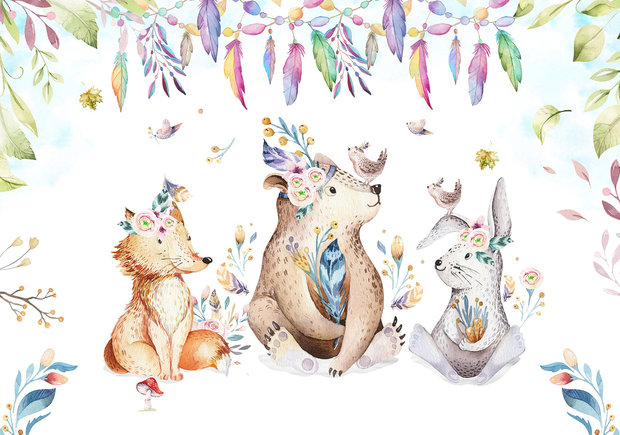 Aquarel Dieren Kinderkamer behang Party 312x219cm OPRUIMING