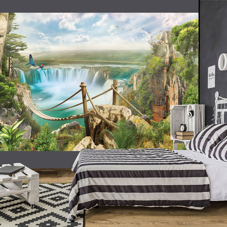 Jungle behang waterval en loopbrug -20%  KORTING