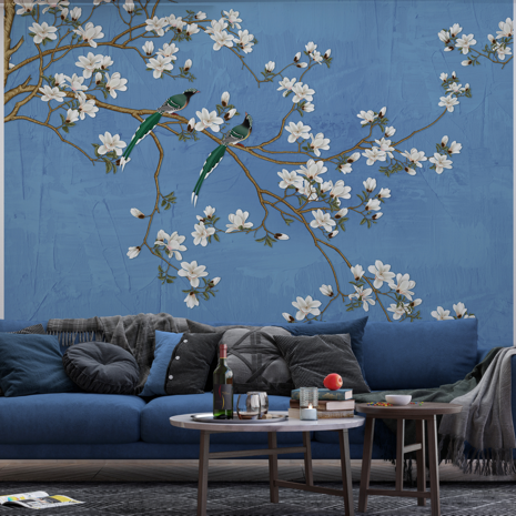 Afdaling Facet mager Magnolia vlies behang Blauw | Muurdeco4kids