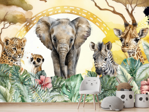 Baby Jungle dieren behang Regenboog  VINYL