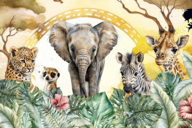 Baby Jungle dieren behang Regenboog  VINYL