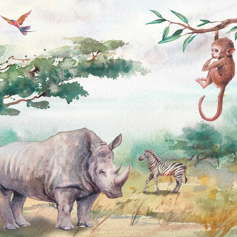 Jungle aquarel behang Neushoorn 