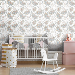 Konijntjes en bloemen behang babykamer