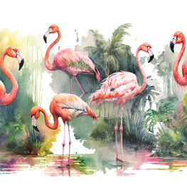 Aquarel fotobehang Flamingo's